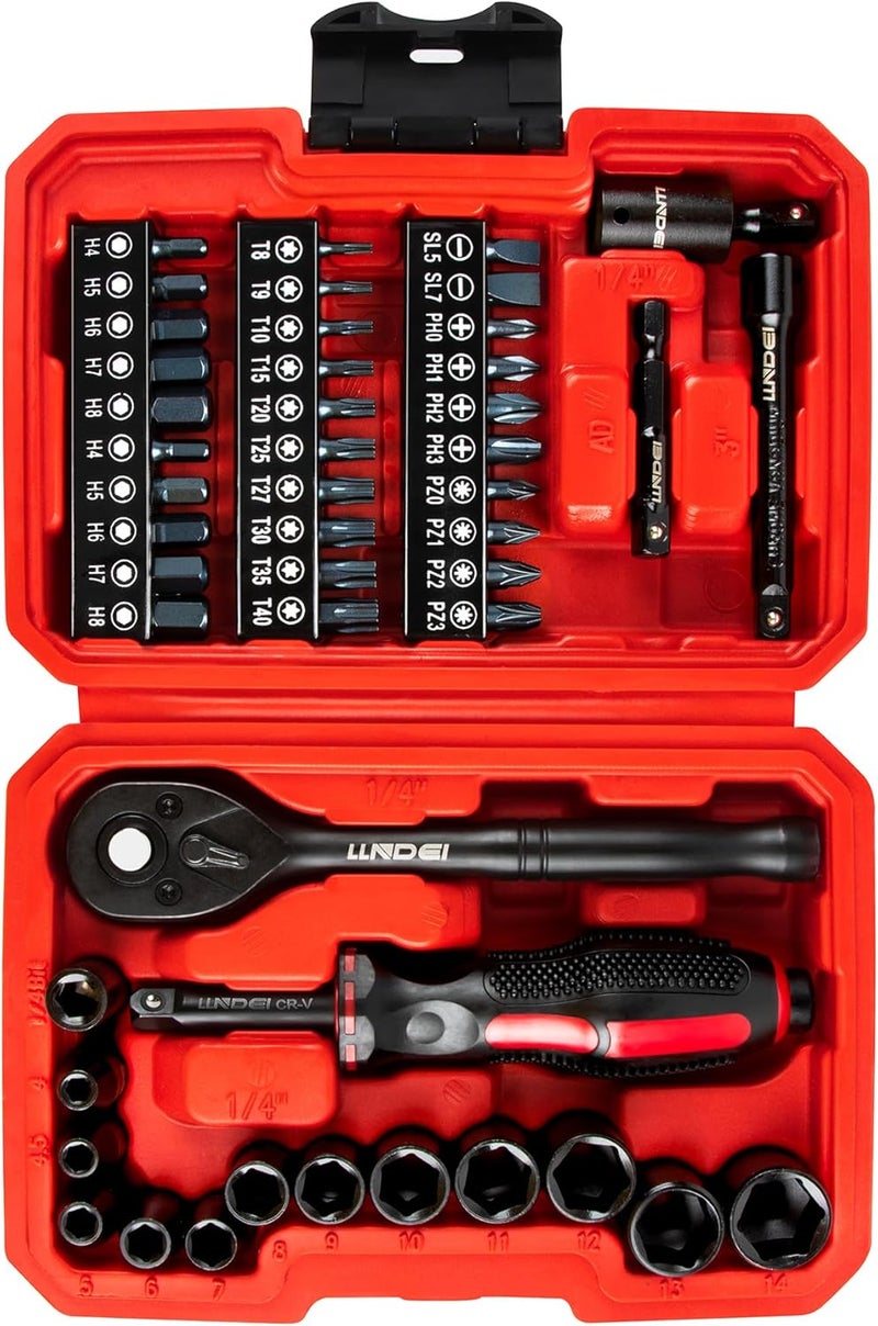 LLNDEI 48 Piece 1/4 Inch Mini Socket Ratchet Wrench Set, Metric Shallow Socket (4-14mm) 6-Point,with 72 Teeth Mini Ratcheting Wrench, Screwdriver Bit Set, Universal Joints and 3 Inch Extensions - Image 1